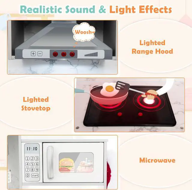 Alt view image 5 of 7 - SlickBlue Wooden Kids Play Kitchen Playset with Realistic Lights and Sounds-Gray
