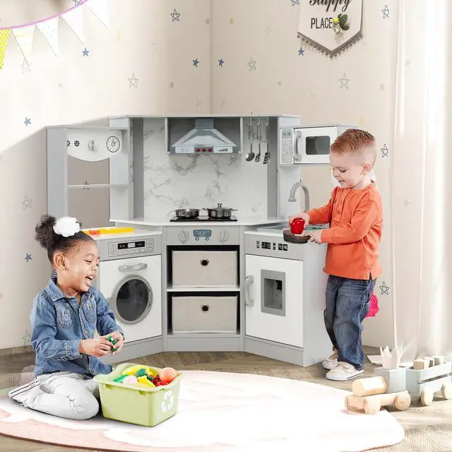 Alt view image 4 of 7 - SlickBlue Wooden Kids Play Kitchen Playset with Realistic Lights and Sounds-Gray