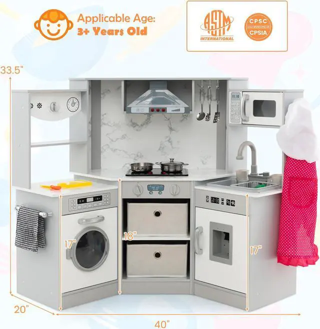 Main image of SlickBlue Wooden Kids Play Kitchen Playset with Realistic Lights and Sounds-Gray