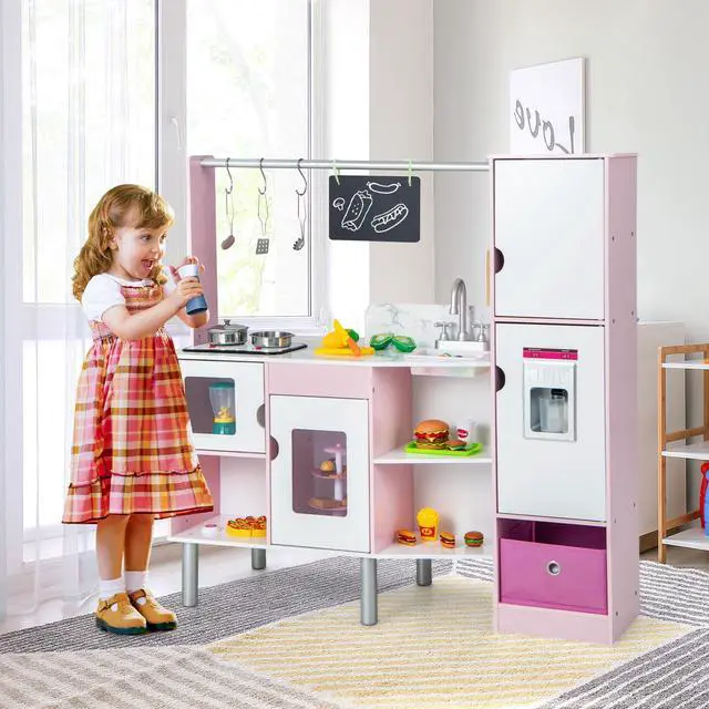 Alt view image 3 of 7 - SlickBlue 2-in-1 Double-sided Kids Kitchen and Market with Realistic Light and Sound-Pink