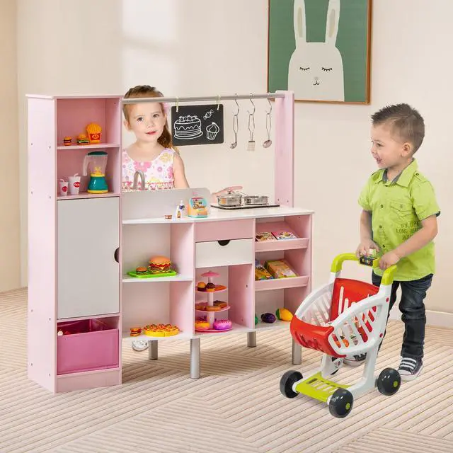 Alt view image 4 of 7 - SlickBlue 2-in-1 Double-sided Kids Kitchen and Market with Realistic Light and Sound-Pink