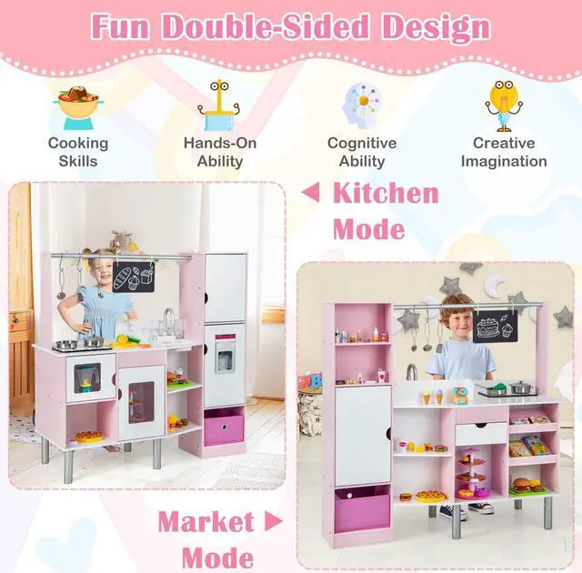 Alt view image 5 of 7 - SlickBlue 2-in-1 Double-sided Kids Kitchen and Market with Realistic Light and Sound-Pink