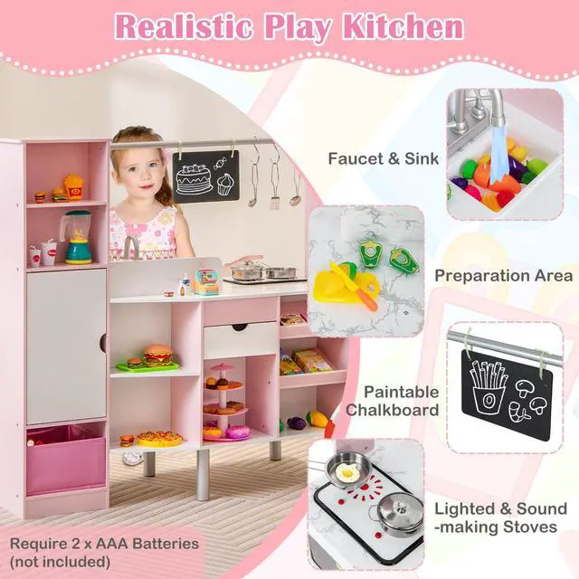 Alt view image 6 of 7 - SlickBlue 2-in-1 Double-sided Kids Kitchen and Market with Realistic Light and Sound-Pink