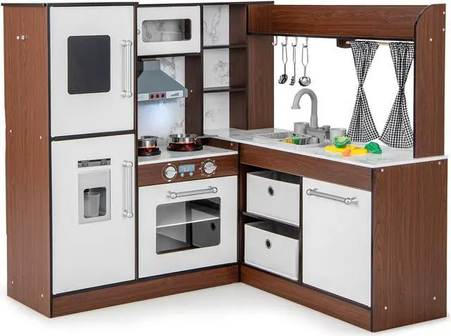 Alt view image 3 of 7 - SlickBlue Wooden Corner Play Kitchen with Water Circulation System and Lights-Brown
