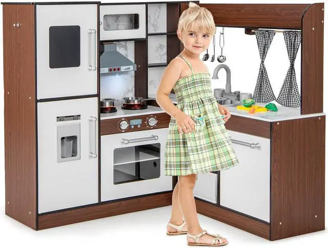 Main image of SlickBlue Wooden Corner Play Kitchen with Water Circulation System and Lights-Brown