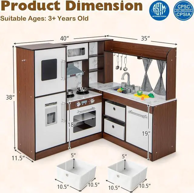 Alt view image 2 of 7 - SlickBlue Wooden Corner Play Kitchen with Water Circulation System and Lights-Brown