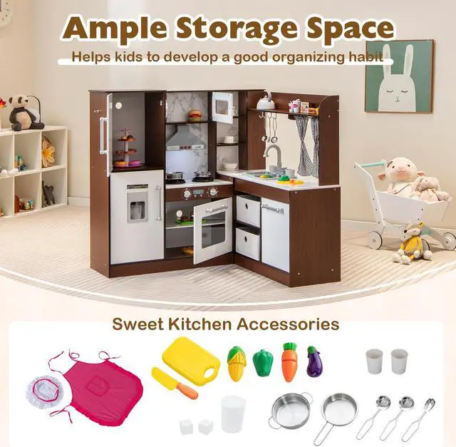 Alt view image 6 of 7 - SlickBlue Wooden Corner Play Kitchen with Water Circulation System and Lights-Brown