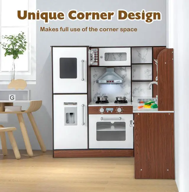 Alt view image 5 of 7 - SlickBlue Wooden Corner Play Kitchen with Water Circulation System and Lights-Brown