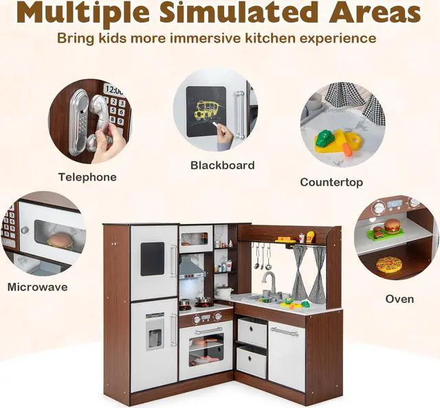 Alt view image 7 of 7 - SlickBlue Wooden Corner Play Kitchen with Water Circulation System and Lights-Brown