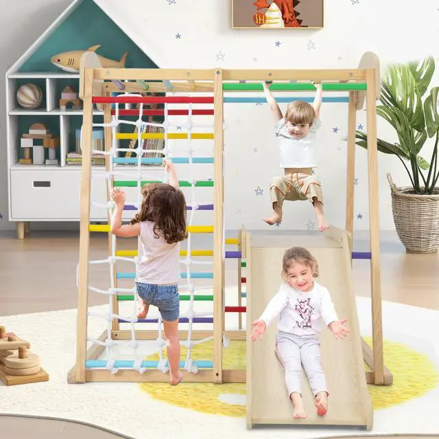 Alt view image 3 of 7 - SlickBlue 6-in-1 Indoor Jungle Gym Kids Wooden Playground with Monkey Bars