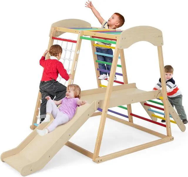 Alt view image 2 of 7 - SlickBlue 6-in-1 Indoor Jungle Gym Kids Wooden Playground with Monkey Bars