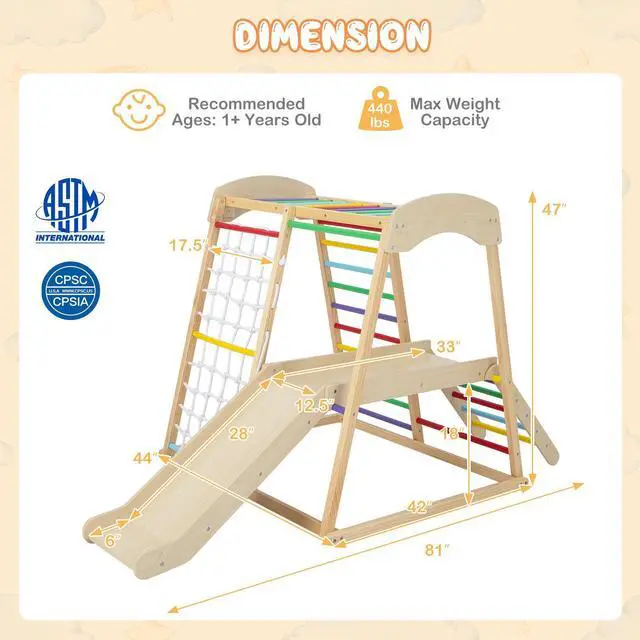 Alt view image 5 of 7 - SlickBlue 6-in-1 Indoor Jungle Gym Kids Wooden Playground with Monkey Bars