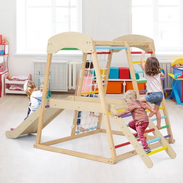 Alt view image 4 of 7 - SlickBlue 6-in-1 Indoor Jungle Gym Kids Wooden Playground with Monkey Bars