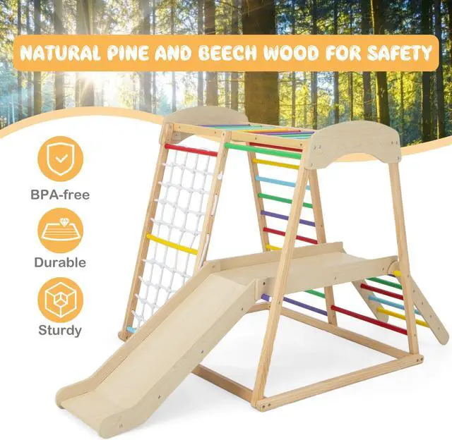 Alt view image 6 of 7 - SlickBlue 6-in-1 Indoor Jungle Gym Kids Wooden Playground with Monkey Bars