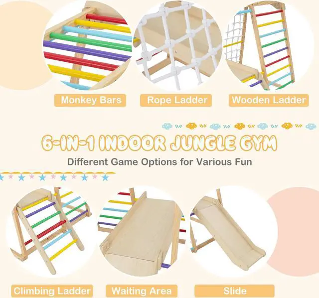 Alt view image 7 of 7 - SlickBlue 6-in-1 Indoor Jungle Gym Kids Wooden Playground with Monkey Bars