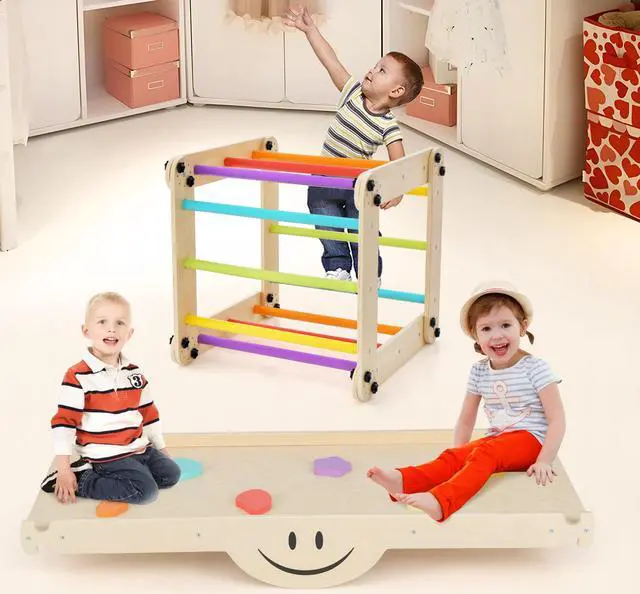 Alt view image 4 of 7 - SlickBlue Climbing Triangle Ladder Toy Indoor Jungle Gym with Reversible Ramp-Multicolor