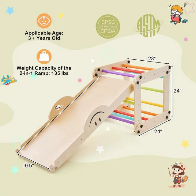 Alt view image 2 of 7 - SlickBlue Climbing Triangle Ladder Toy Indoor Jungle Gym with Reversible Ramp-Multicolor