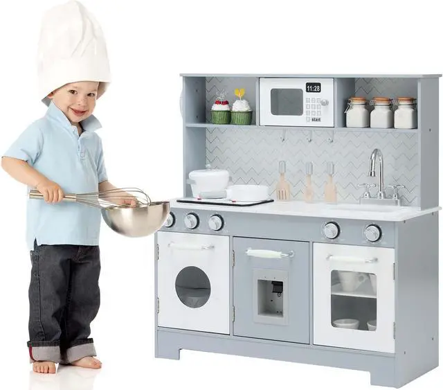 Alt view image 2 of 7 - SlickBlue Pretend Play Kitchen Wooden Toy Set for Kids with Realistic Light and Sound