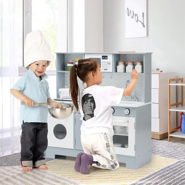 Alt view image 4 of 7 - SlickBlue Pretend Play Kitchen Wooden Toy Set for Kids with Realistic Light and Sound