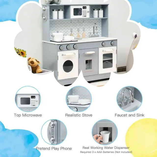 Alt view image 7 of 7 - SlickBlue Pretend Play Kitchen Wooden Toy Set for Kids with Realistic Light and Sound