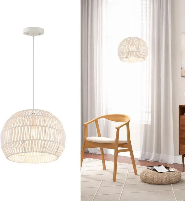 Alt view image 2 of 7 - SlickBlue Round Farmhouse Rattan Pendant Lights with Adjustable Hanging Rope-Beige