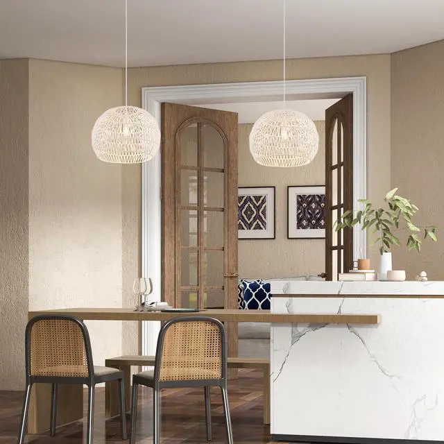 Alt view image 3 of 7 - SlickBlue Round Farmhouse Rattan Pendant Lights with Adjustable Hanging Rope-Beige