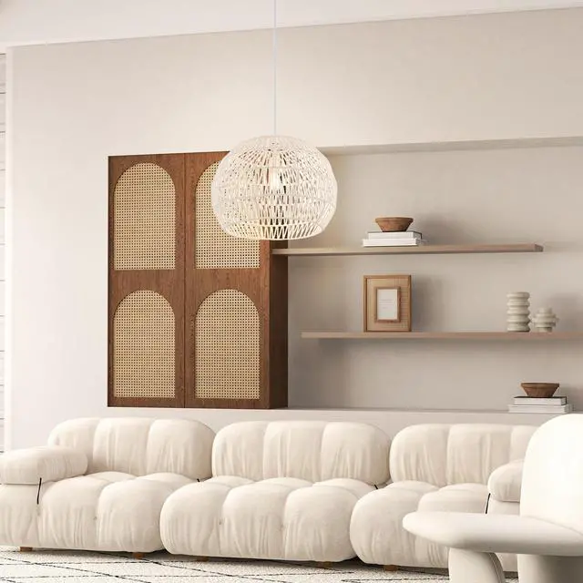 Alt view image 4 of 7 - SlickBlue Round Farmhouse Rattan Pendant Lights with Adjustable Hanging Rope-Beige