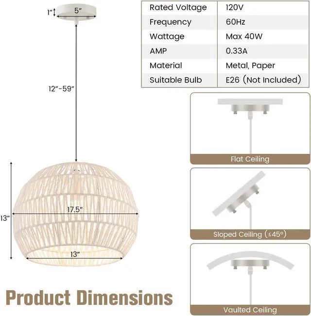 Alt view image 5 of 7 - SlickBlue Round Farmhouse Rattan Pendant Lights with Adjustable Hanging Rope-Beige