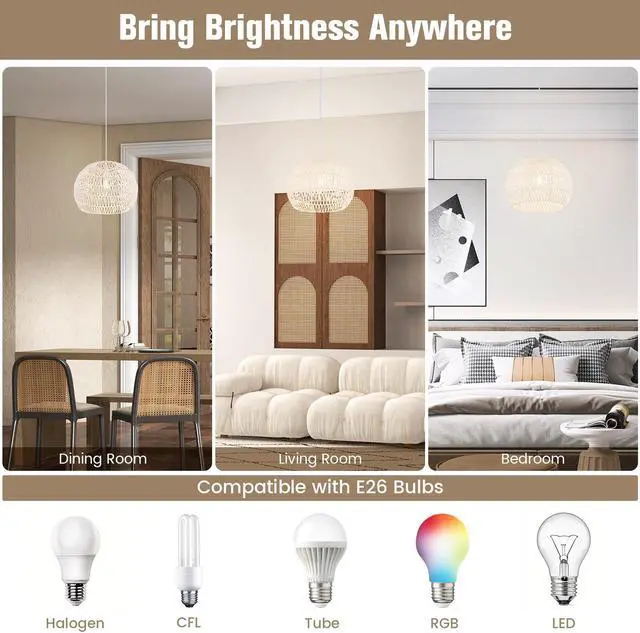 Alt view image 7 of 7 - SlickBlue Round Farmhouse Rattan Pendant Lights with Adjustable Hanging Rope-Beige