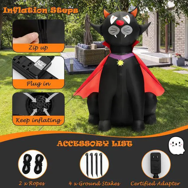Alt view image 5 of 7 - SlickBlue 4.7 Feet Halloween Inflatable Vampire Cat with Red Cloak