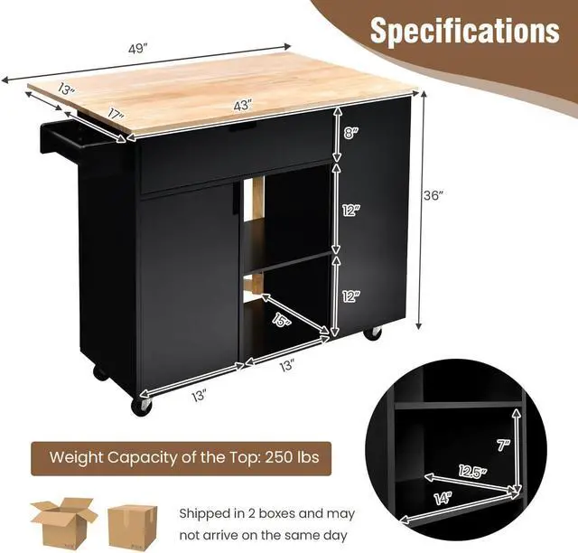 Alt view image 3 of 7 - SlickBlue Drop-Leaf Kitchen Island with Rubber Wood Top