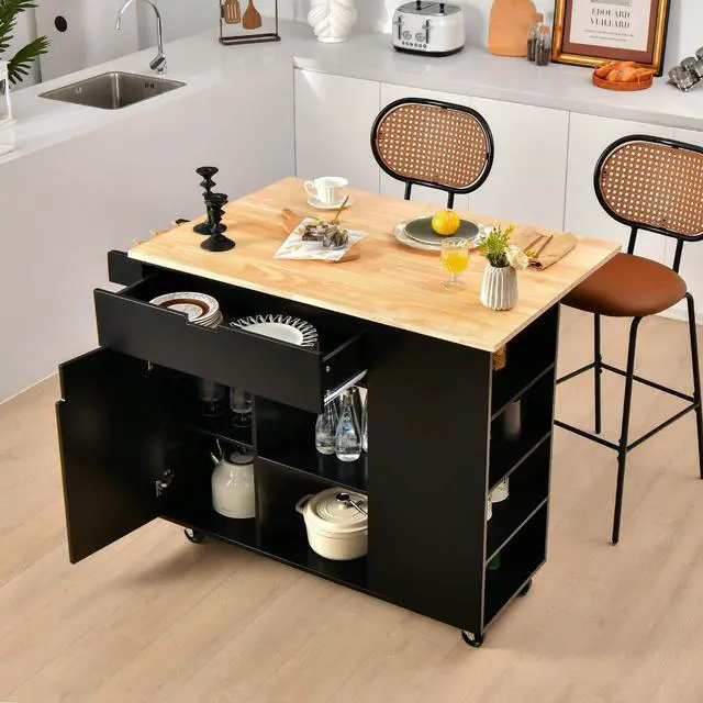 Alt view image 4 of 7 - SlickBlue Drop-Leaf Kitchen Island with Rubber Wood Top