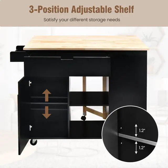 Alt view image 7 of 7 - SlickBlue Drop-Leaf Kitchen Island with Rubber Wood Top