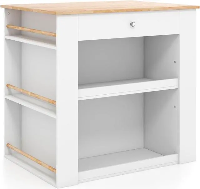 Alt view image 2 of 7 - SlickBlue Modern Kitchen Island with Rubber Wood Countertop and Storage-White
