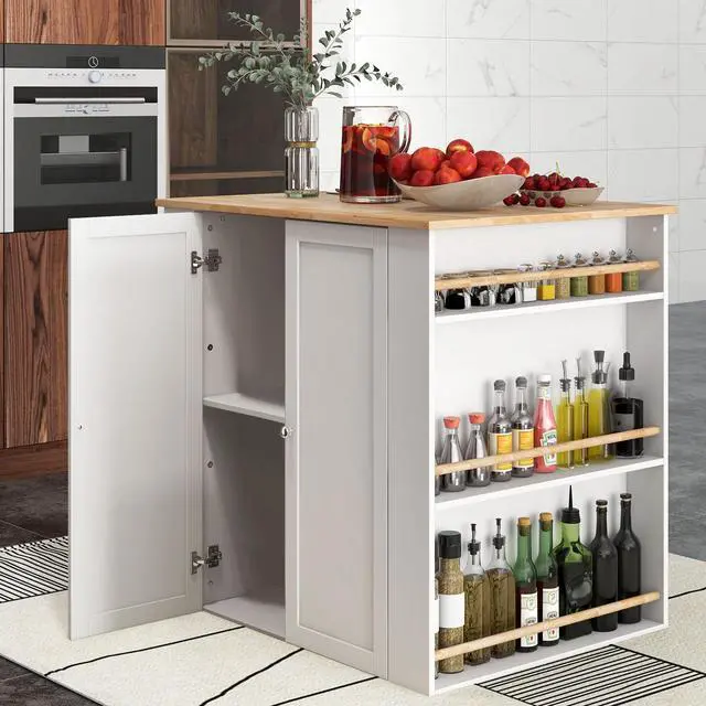 Alt view image 3 of 7 - SlickBlue Modern Kitchen Island with Rubber Wood Countertop and Storage-White