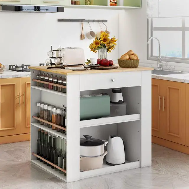 Alt view image 4 of 7 - SlickBlue Modern Kitchen Island with Rubber Wood Countertop and Storage-White