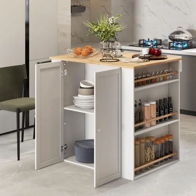 Alt view image 6 of 7 - SlickBlue Modern Kitchen Island with Rubber Wood Countertop and Storage-White