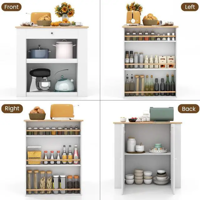 Alt view image 7 of 7 - SlickBlue Modern Kitchen Island with Rubber Wood Countertop and Storage-White