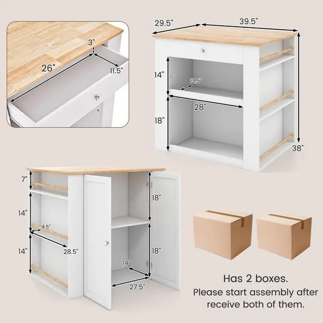 Alt view image 5 of 7 - SlickBlue Modern Kitchen Island with Rubber Wood Countertop and Storage-White