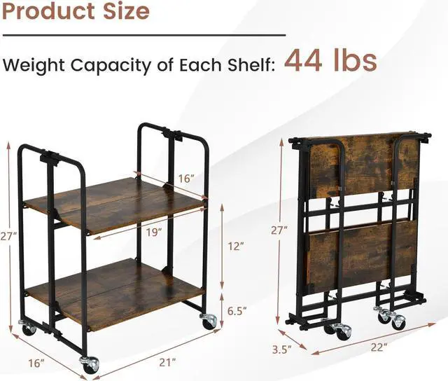 Alt view image 5 of 7 - SlickBlue Folding Rolling Cart with Metal Frame-2-Tier