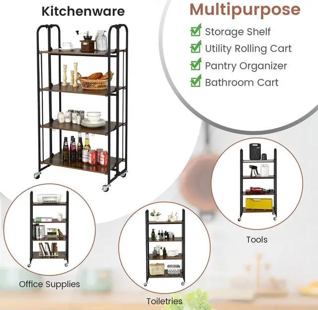 Alt view image 5 of 7 - SlickBlue Foldable Rolling Cart with Storage Shelves for Kitchen-4-Tier