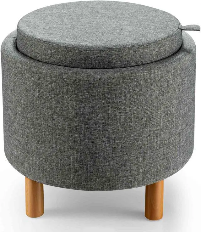 Alt view image 2 of 7 - SlickBlue Round Fabric Storage Ottoman with Tray and Non-Slip Pads for Bedroom