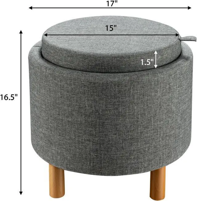 Alt view image 3 of 7 - SlickBlue Round Fabric Storage Ottoman with Tray and Non-Slip Pads for Bedroom
