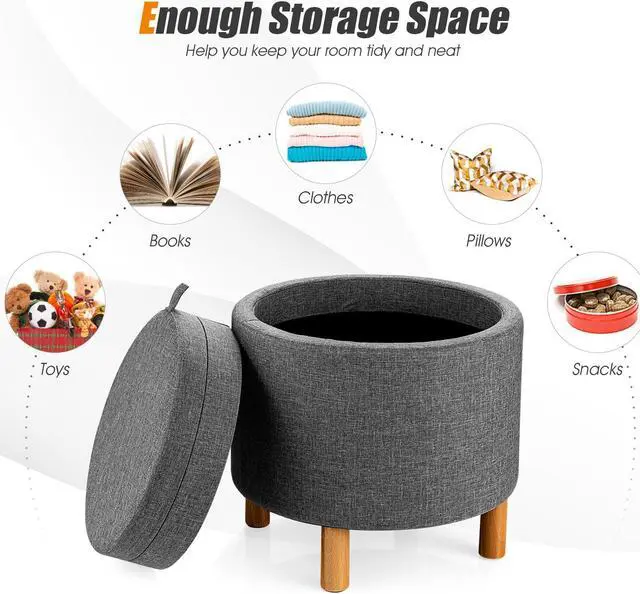 Alt view image 5 of 7 - SlickBlue Round Fabric Storage Ottoman with Tray and Non-Slip Pads for Bedroom