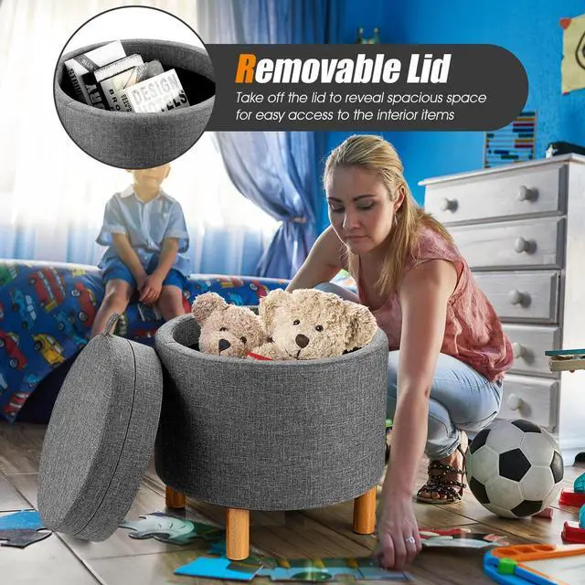 Alt view image 4 of 7 - SlickBlue Round Fabric Storage Ottoman with Tray and Non-Slip Pads for Bedroom