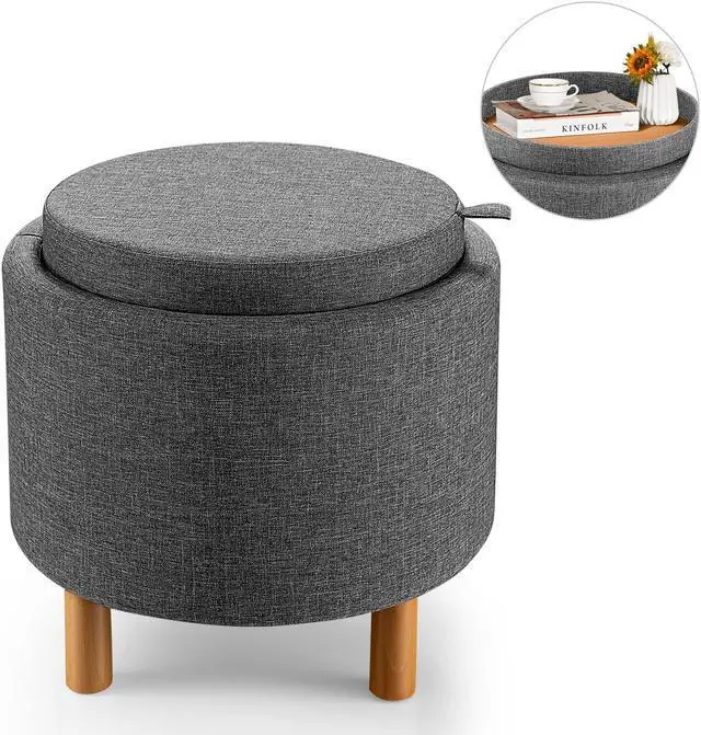 Alt view image 6 of 7 - SlickBlue Round Fabric Storage Ottoman with Tray and Non-Slip Pads for Bedroom