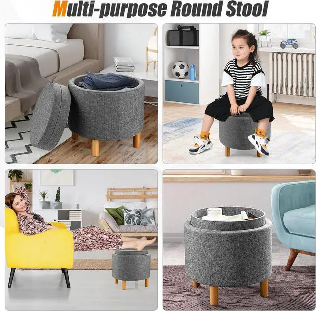 Alt view image 7 of 7 - SlickBlue Round Fabric Storage Ottoman with Tray and Non-Slip Pads for Bedroom