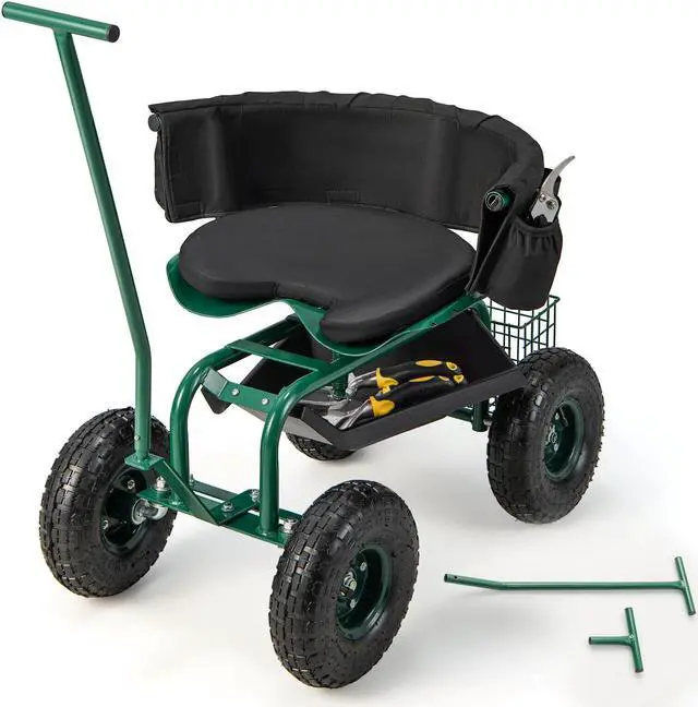 Main image of SlickBlue Rolling Garden Cart with Height Adjustable Swivel Seat and Storage Basket-Green