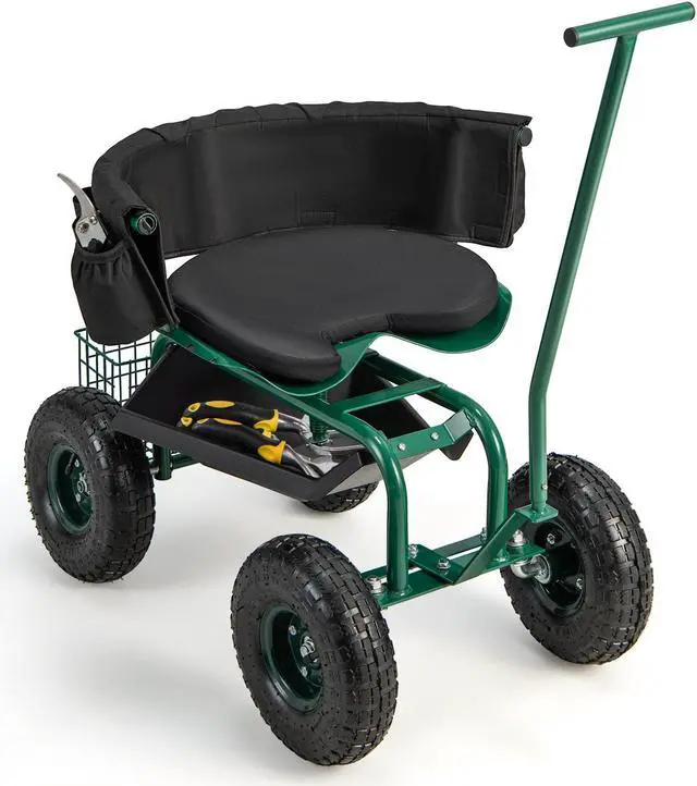 Alt view image 2 of 7 - SlickBlue Rolling Garden Cart with Height Adjustable Swivel Seat and Storage Basket-Green