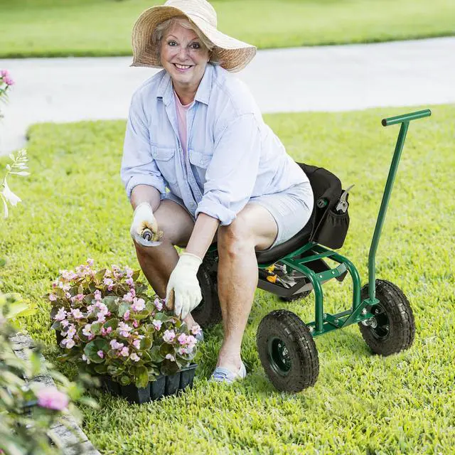 Alt view image 3 of 7 - SlickBlue Rolling Garden Cart with Height Adjustable Swivel Seat and Storage Basket-Green